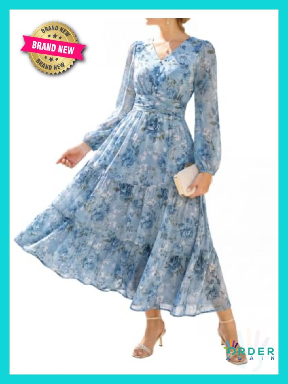Floral Maxi Dress Long Sleeve V-Neck Wedding Guest